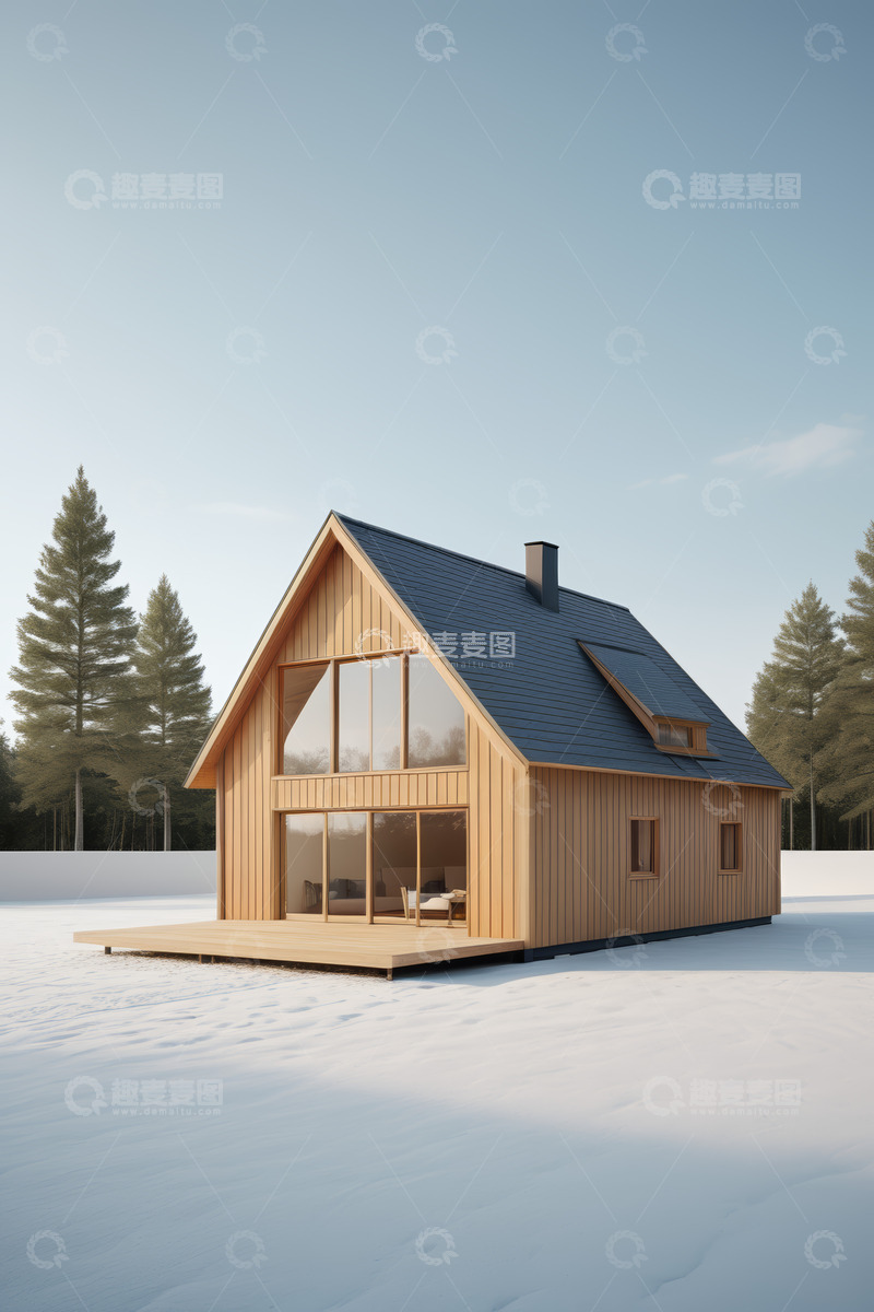 高清大图下载【趣麦麦图】雪地中的木质独栋小屋