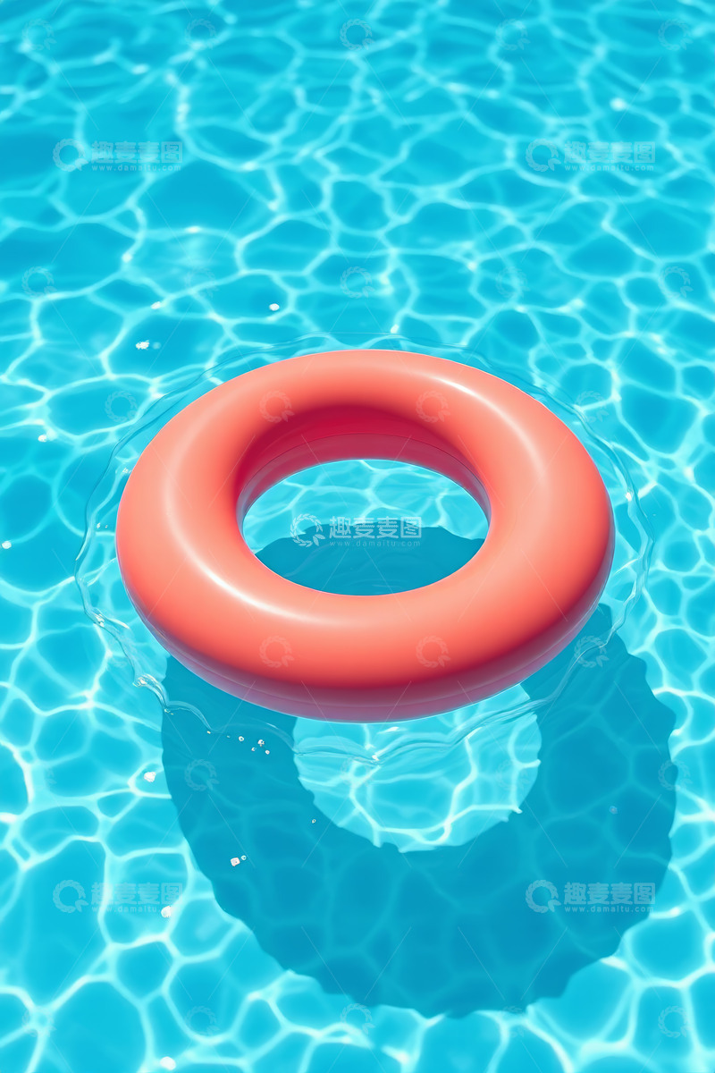 高清大图下载【趣麦麦图】-游泳池中漂浮的红色游泳圈