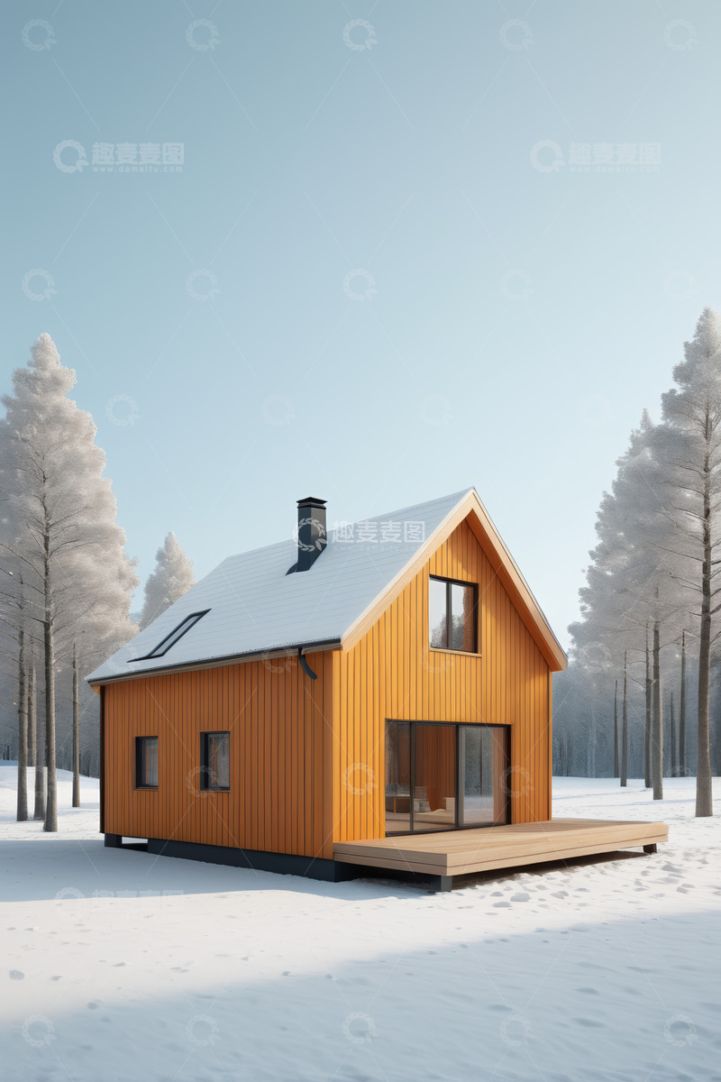 高清大图下载【趣麦麦图】雪地中的木质小屋