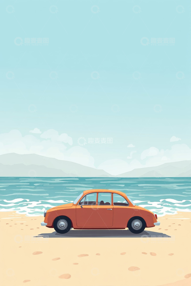 高清大图下载【趣麦麦图】海滩边的橙色汽车插画