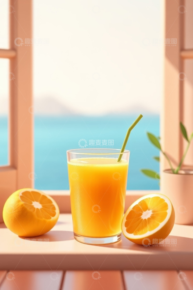 高清大图下载【趣麦麦图】窗边玻璃杯装橙汁与橙子