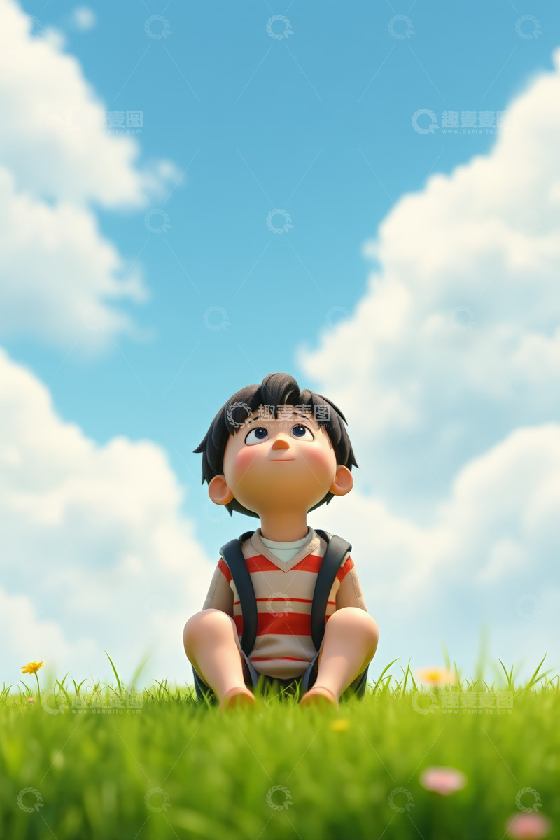高清大图下载【趣麦麦图】草地上坐着的卡通小男孩