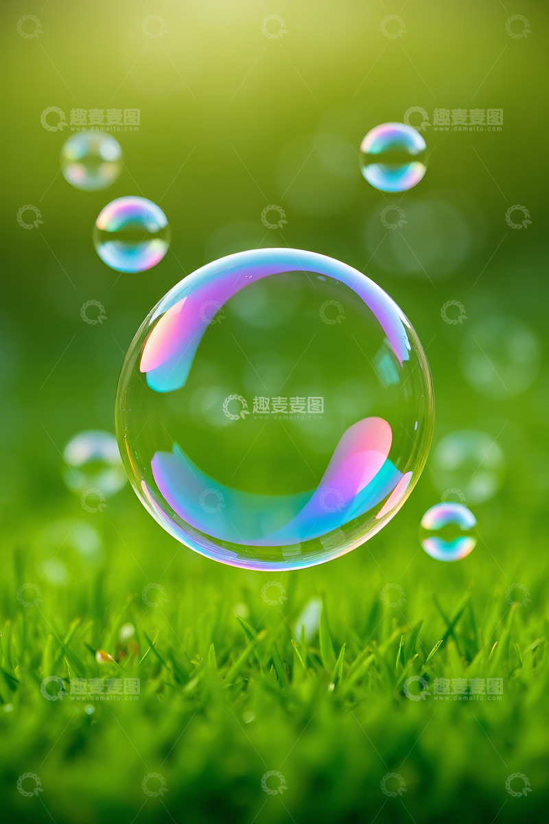 高清大图下载【趣麦麦图】草地上漂浮的彩色肥皂泡