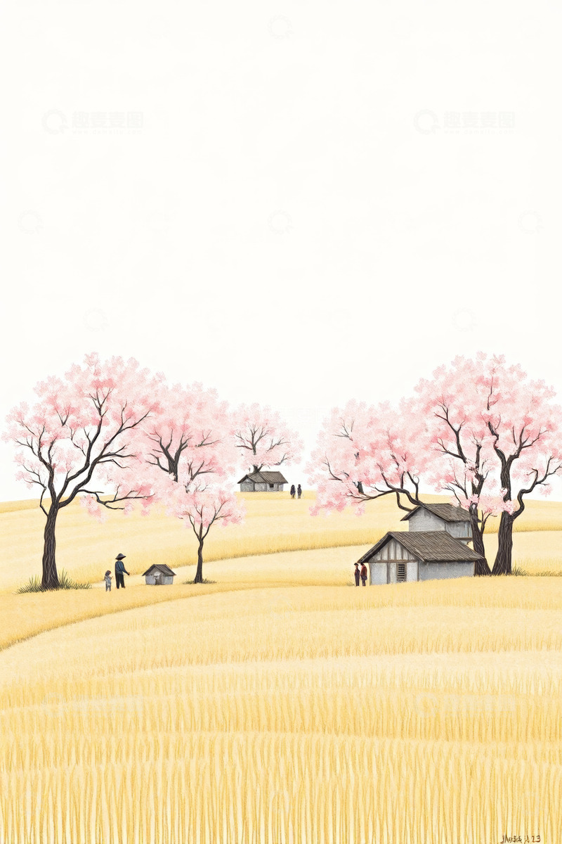 高清大图下载【趣麦麦图】春日麦田古风村落场景