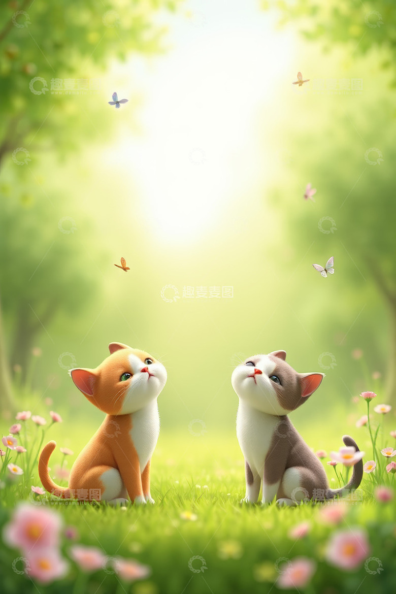 户外草地上的两只可爱小猫