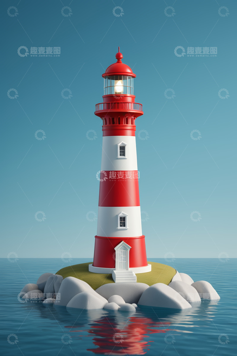 高清大图下载【趣麦麦图】海上红白相间灯塔