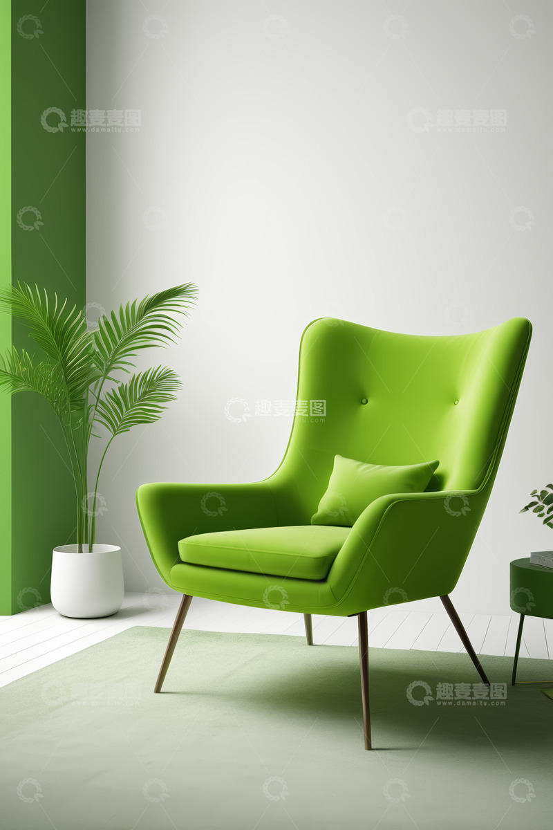 高清大图下载【趣麦麦图】室内绿色单人沙发及绿植装饰