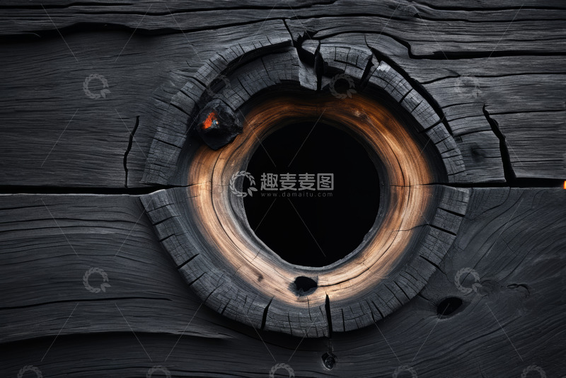 高清大图下载【趣麦麦图】烧焦木板上的圆形孔洞特写