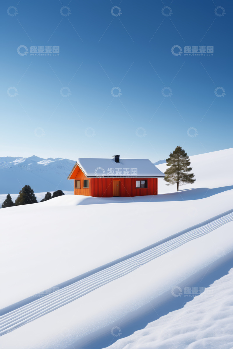 高清大图下载【趣麦麦图】雪中山间的红色小屋