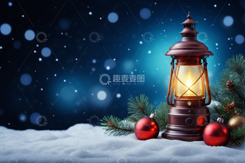 高清大图下载【趣麦麦图】雪地中的圣诞装饰提灯