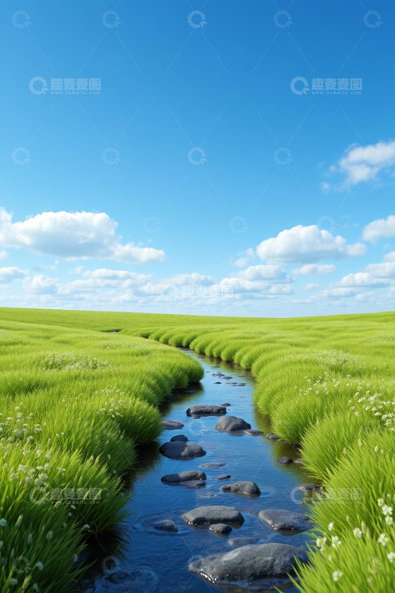 高清大图下载【趣麦麦图】草地间蜿蜒流淌的清澈小溪
