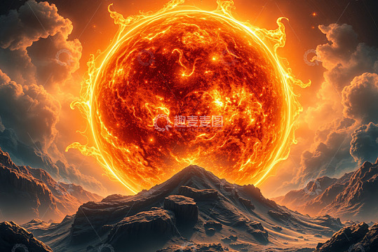 巨大太阳升起于山峦之上