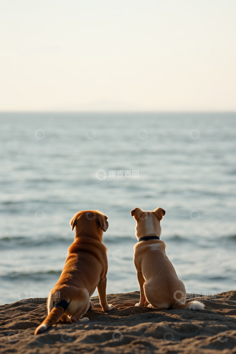 高清大图下载【趣麦麦图】两只宠物狗在海滩眺望大海
