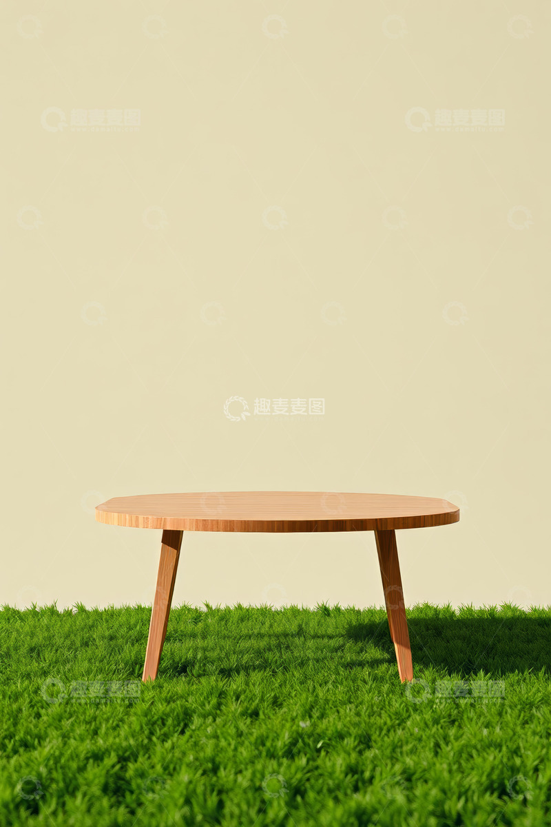 高清大图下载【趣麦麦图】草地上的木质圆形小桌
