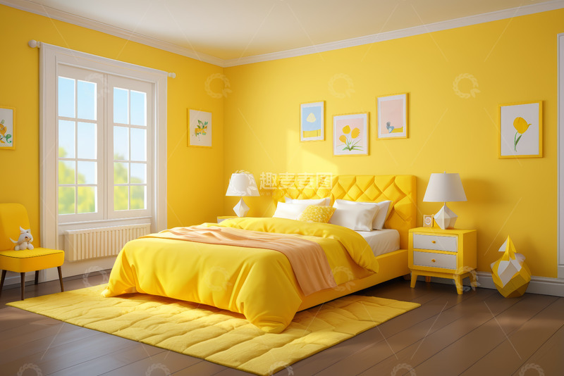 高清大图下载【趣麦麦图】黄色系卧室室内装饰场景