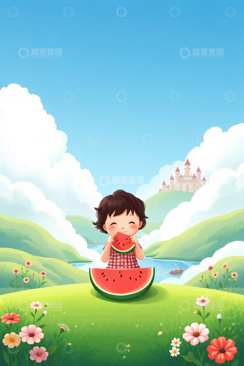 高清大图下载【趣麦麦图】卡通女孩草地吃西瓜场景