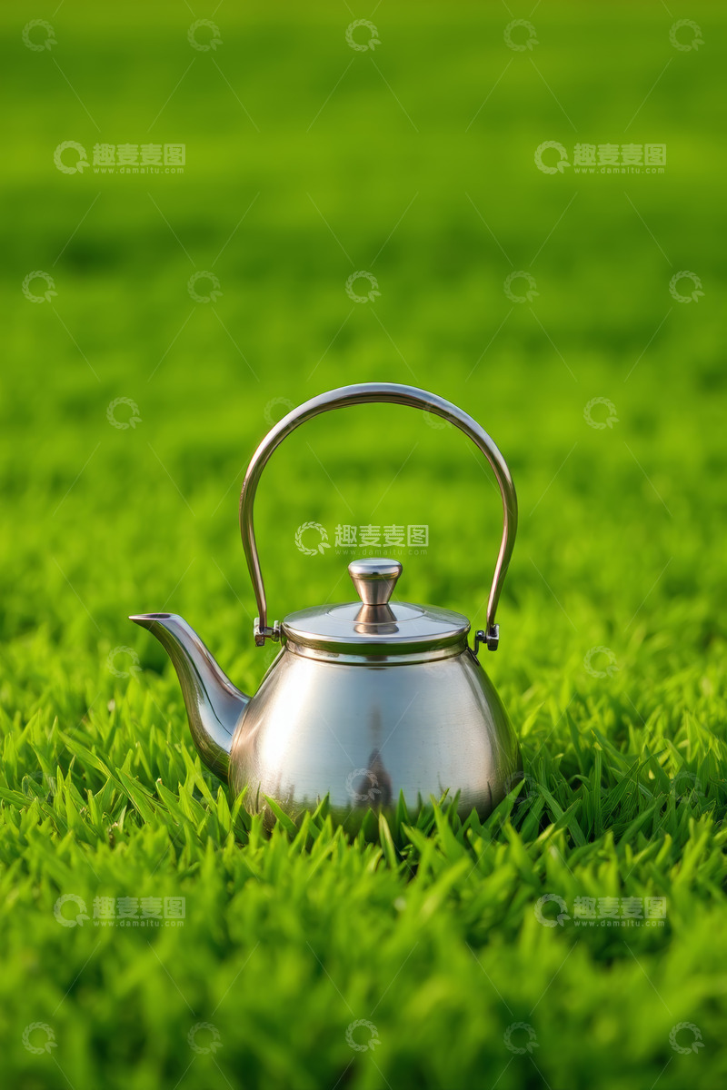 高清大图下载【趣麦麦图】草地上的金属茶壶静物图