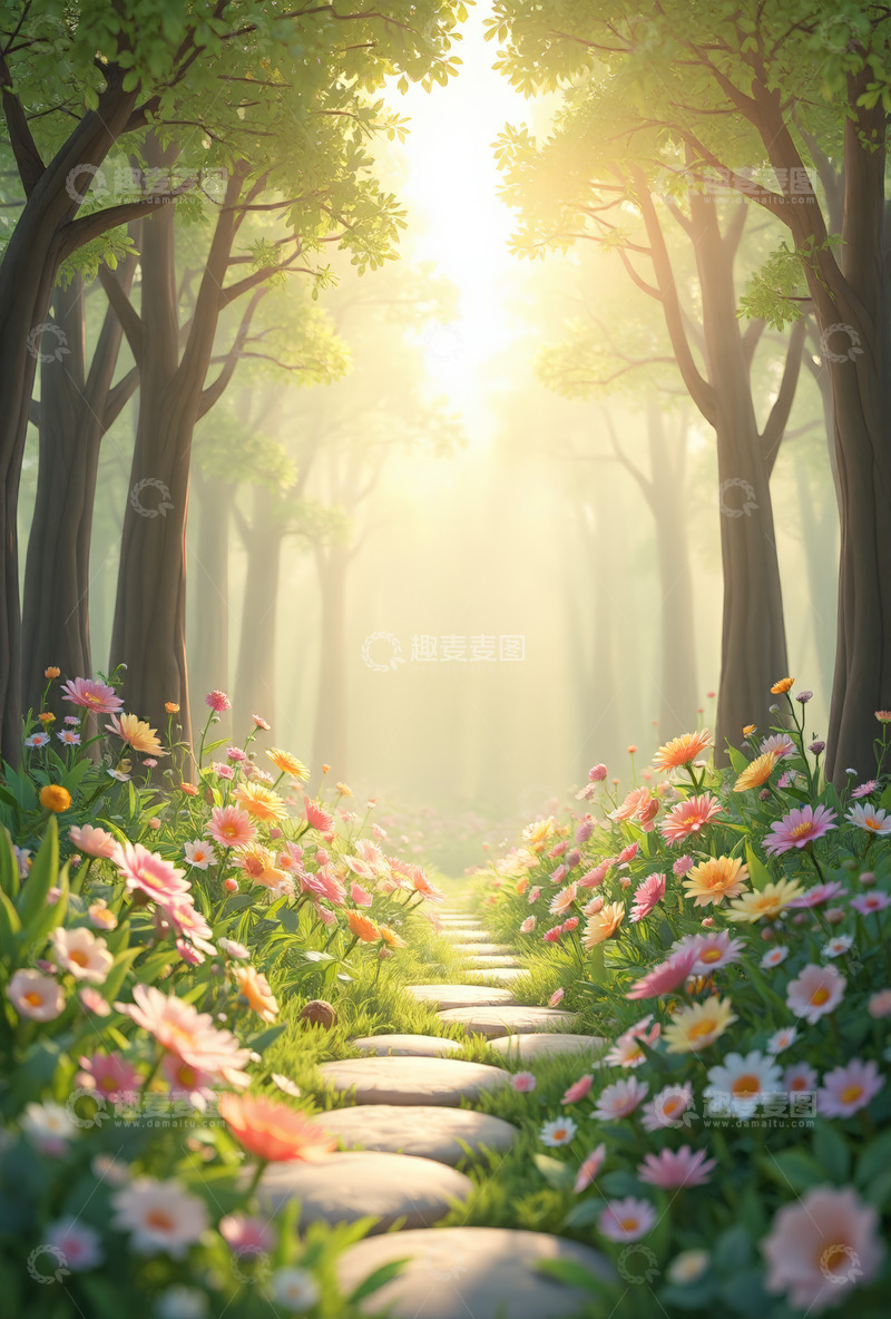 高清大图下载【趣麦麦图】林间阳光洒落的花卉小径