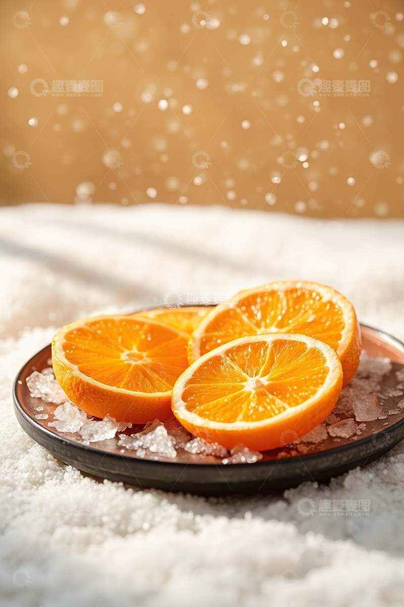 高清大图下载【趣麦麦图】雪上盘子中的切片橙子
