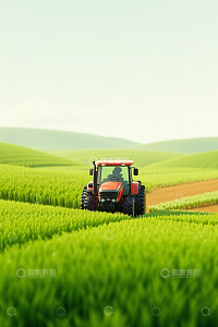 农田中行驶的红色拖拉机