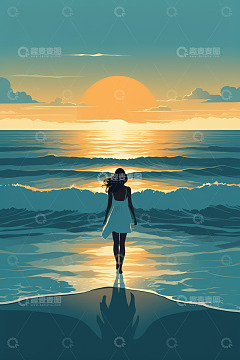 海边女子踏浪迎日落场景