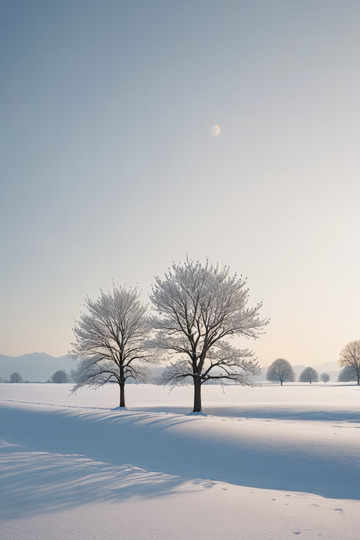 冬日雪地上的两棵树木景观