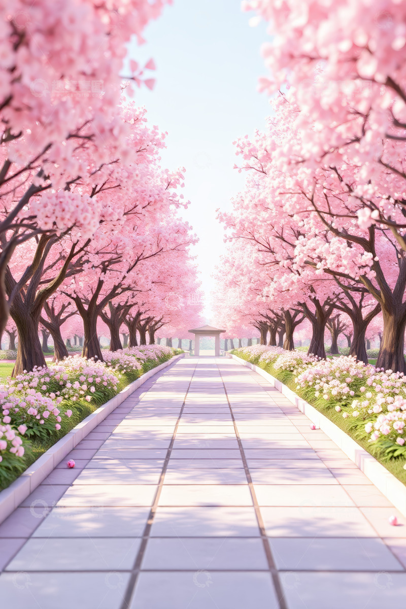 高清大图下载【趣麦麦图】樱花盛开的园林步道