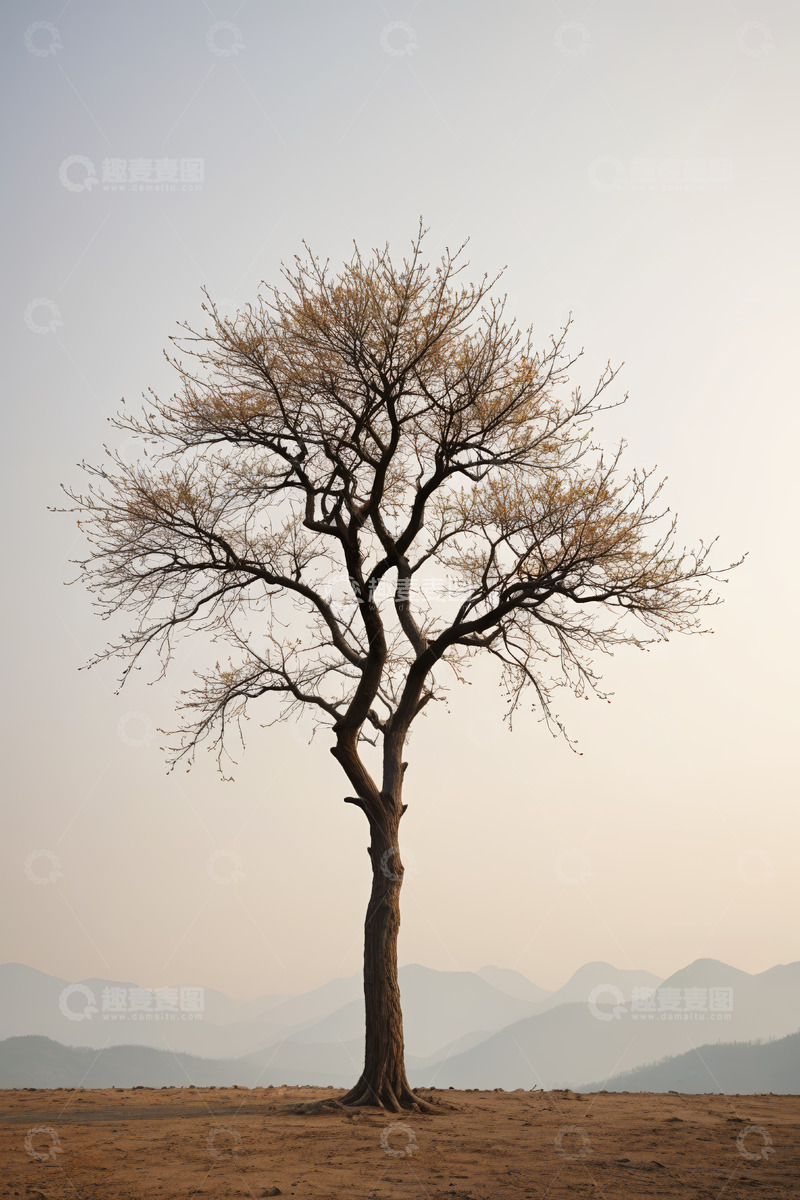 高清大图下载【趣麦麦图】旷野中独立树木与远山景观
