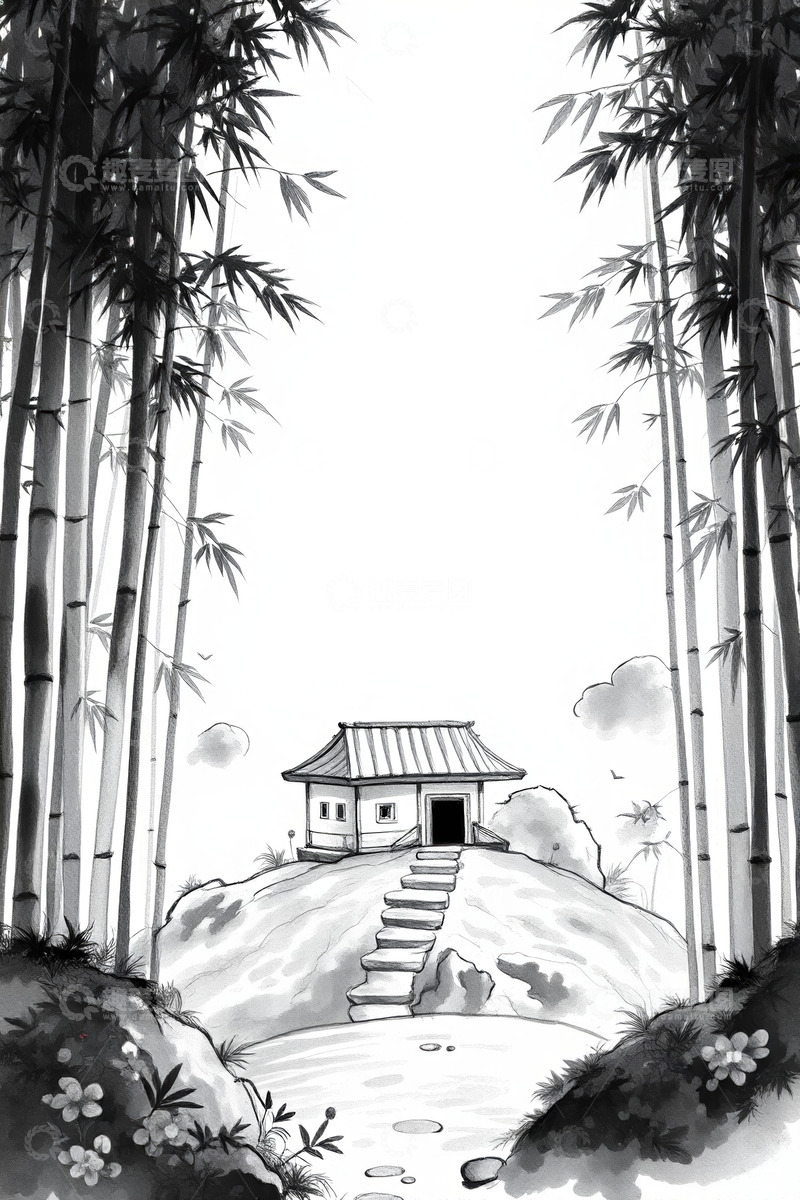 高清大图下载【趣麦麦图】水墨竹林中的古风小屋