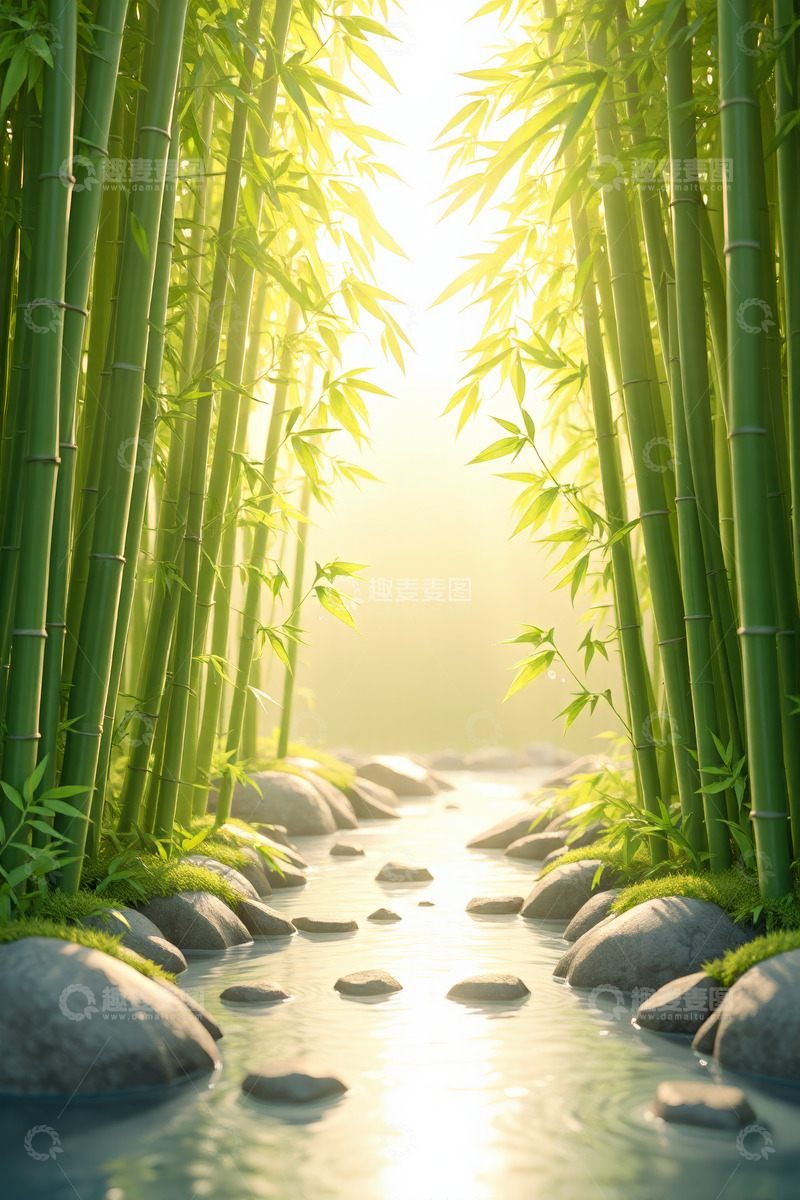 高清大图下载【趣麦麦图】阳光照耀下的竹林溪流景观
