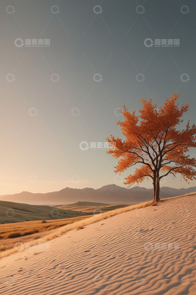高清大图下载【趣麦麦图】沙漠中孤树立于夕阳下