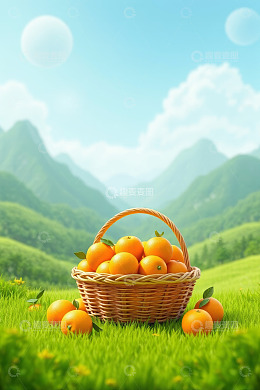 草地上篮子里的新鲜橙子