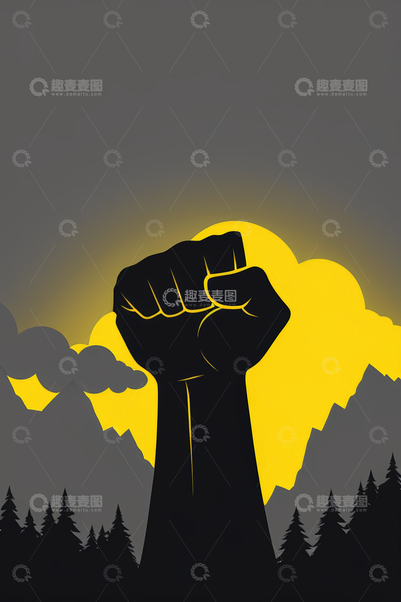 高清大图下载【趣麦麦图】握拳剪影背景为山景与落日
