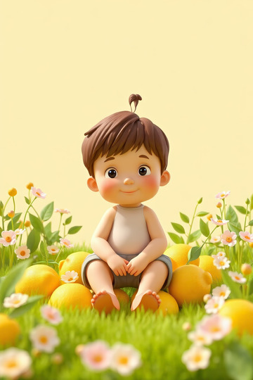 卡通儿童坐于柠檬花丛中