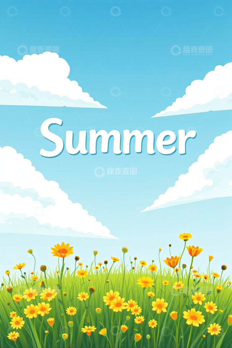 高清大图下载【趣麦麦图】夏日草地花卉蓝天白云背景