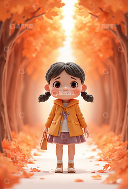 秋日树林中的卡通小女孩