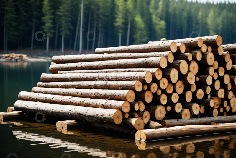 高清大图下载【趣麦麦图】水边堆放的原木素材