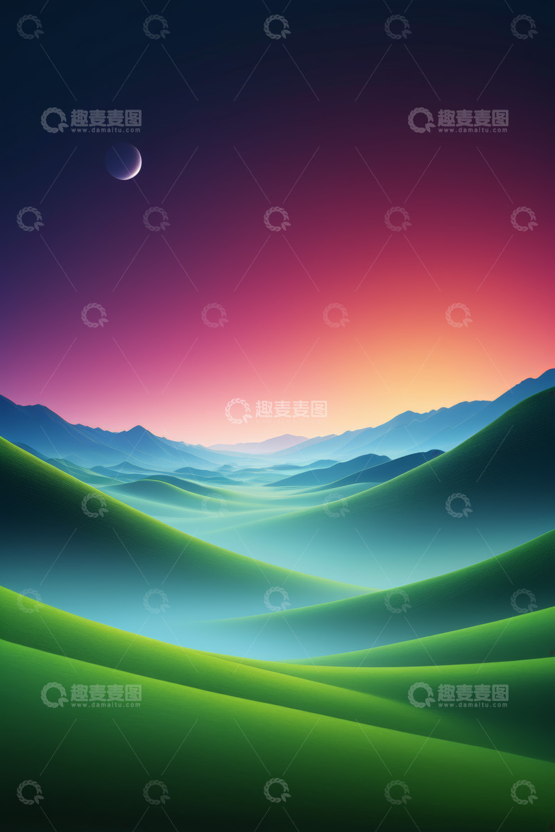 高清大图下载【趣麦麦图】黄昏时分山峦与新月风景