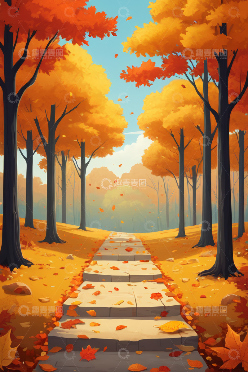 高清大图下载【趣麦麦图】秋季森林中的石板路风景