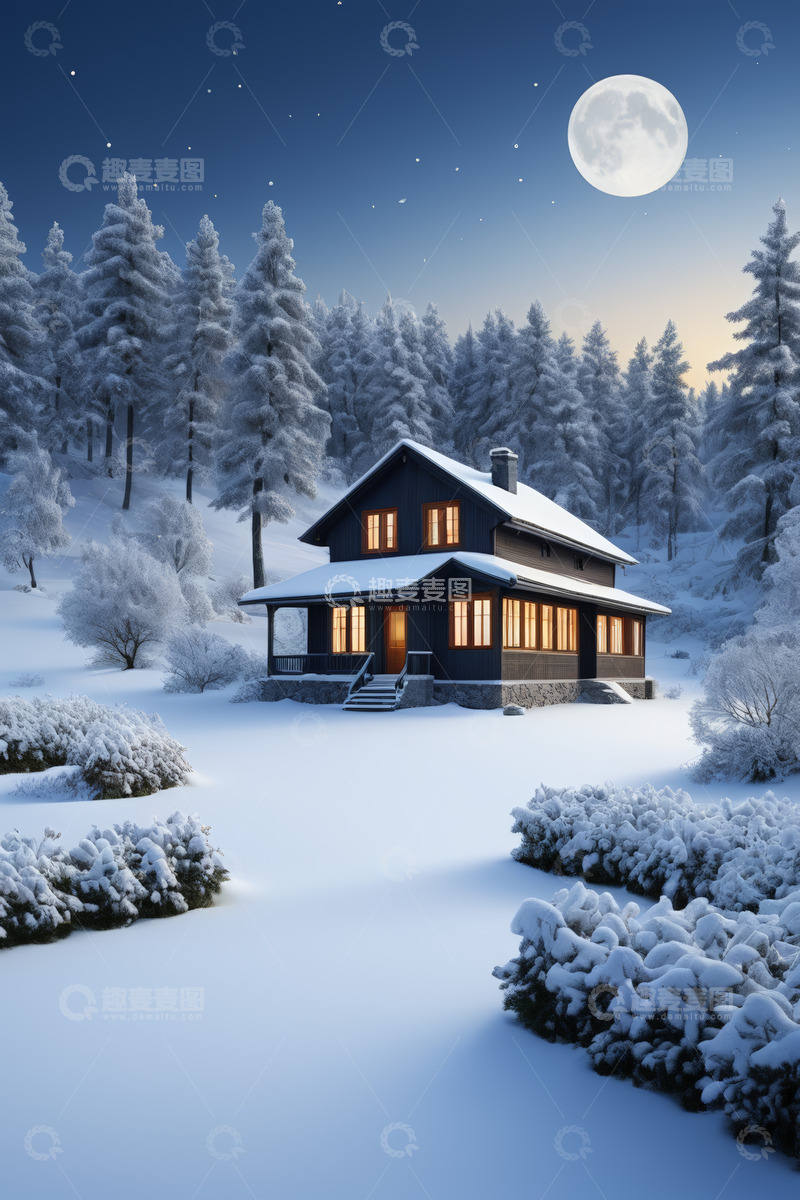 高清大图下载【趣麦麦图】雪夜林间小屋全景