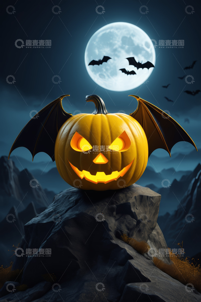 高清大图下载【趣麦麦图】月光下带蝙蝠翅膀的南瓜灯