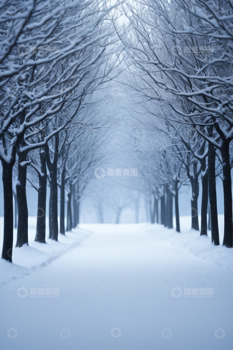 高清大图下载【趣麦麦图】雪覆树木的林间小道景观