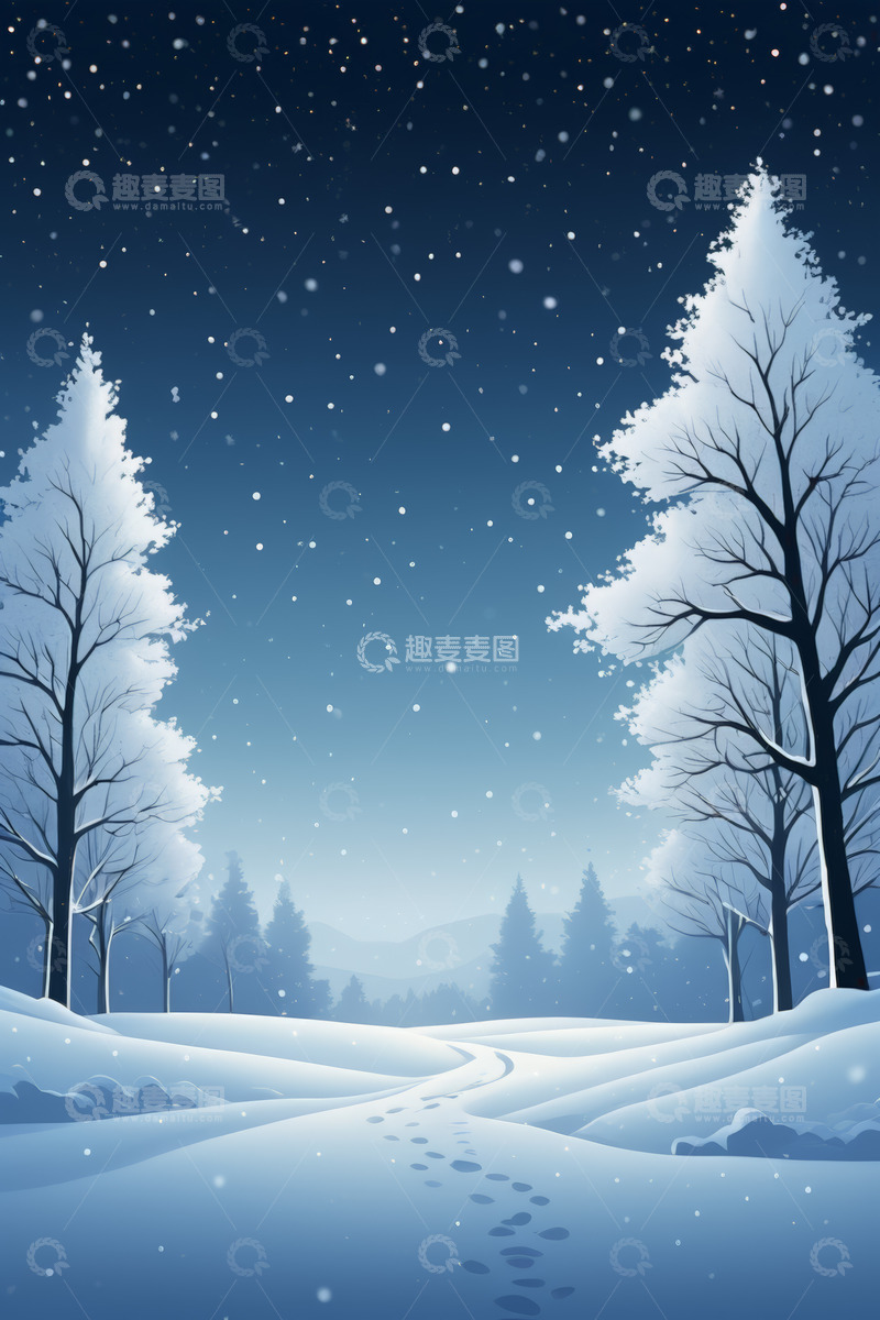 高清大图下载【趣麦麦图】冬夜雪景中的雪地与树木