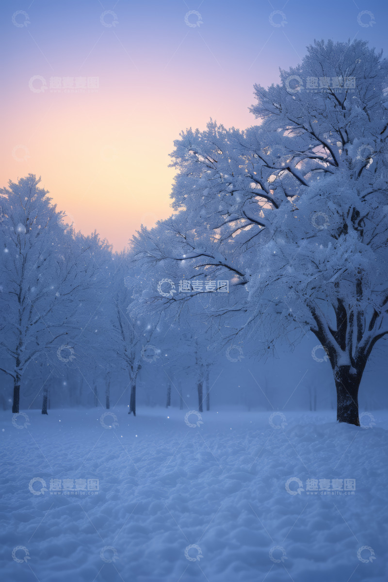 高清大图下载【趣麦麦图】冬日雪覆树林日出景象