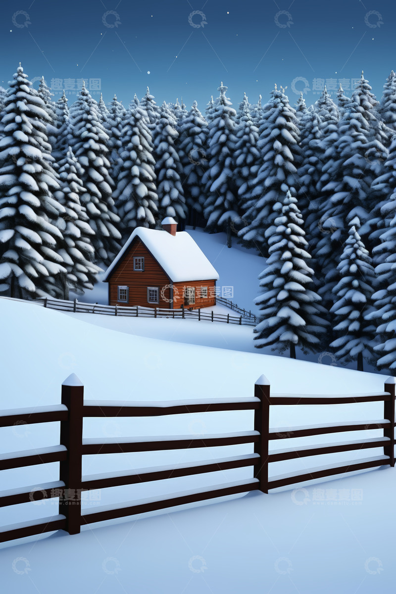 高清大图下载【趣麦麦图】雪夜林间小屋与围栏景观