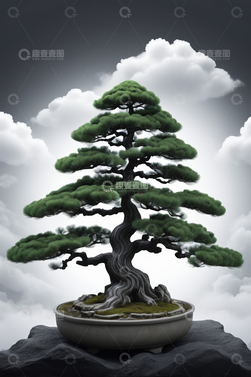 高清大图下载【趣麦麦图】盆栽松树白云背景素材