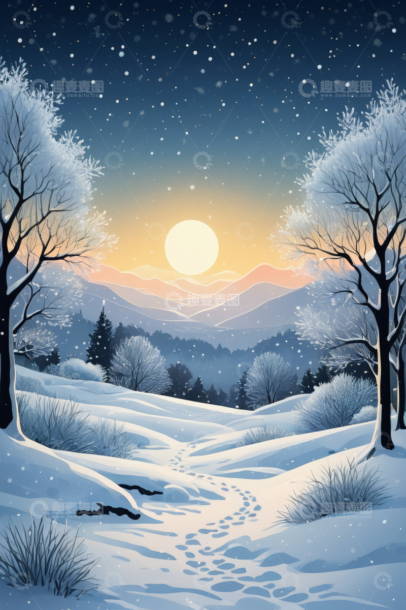 高清大图下载【趣麦麦图】冬日雪景山林落日景观