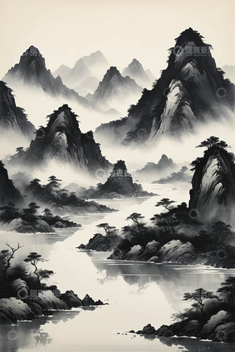 高清大图下载【趣麦麦图】水墨风格山水风景