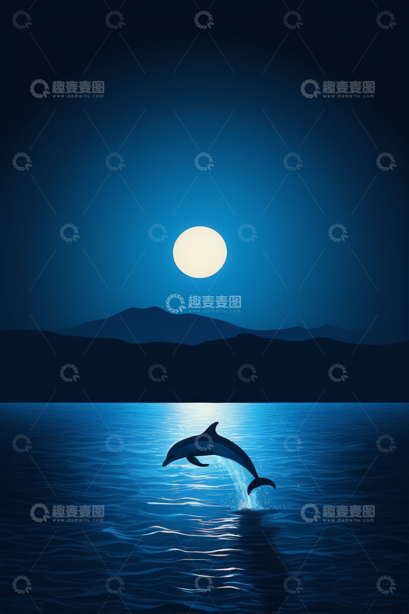 高清大图下载【趣麦麦图】月夜海豚跃出海面景象