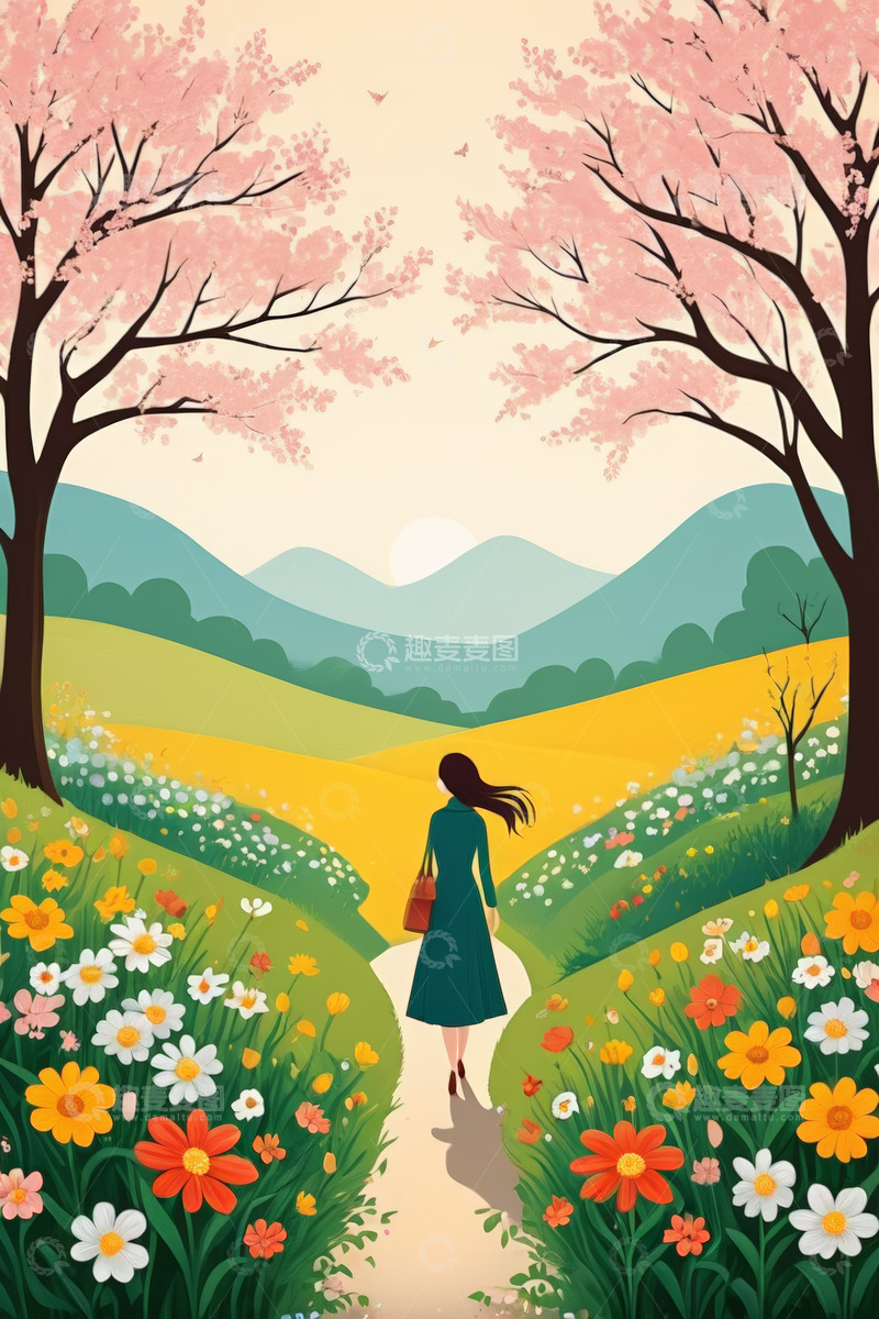 高清大图下载【趣麦麦图】女子漫步春日花草间